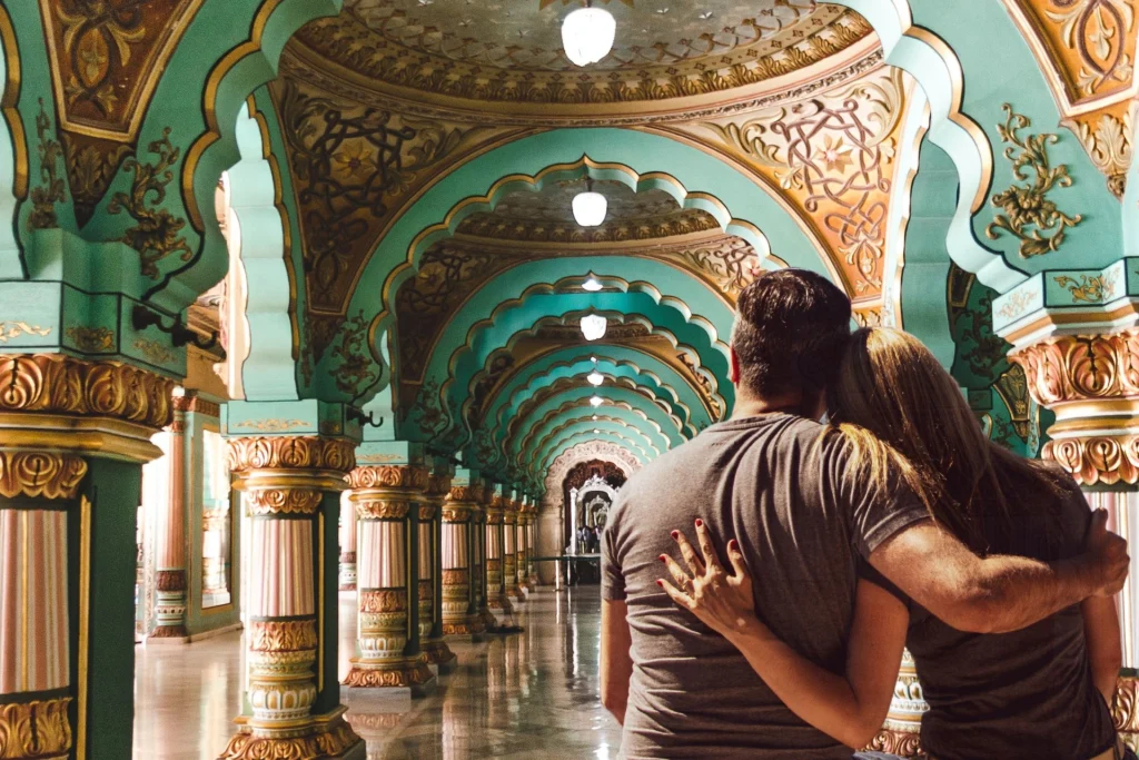 Mysore: A Royal Escape Mysore Palace with blue skies — best places to visit in April in India for couples seeking history and elegance.